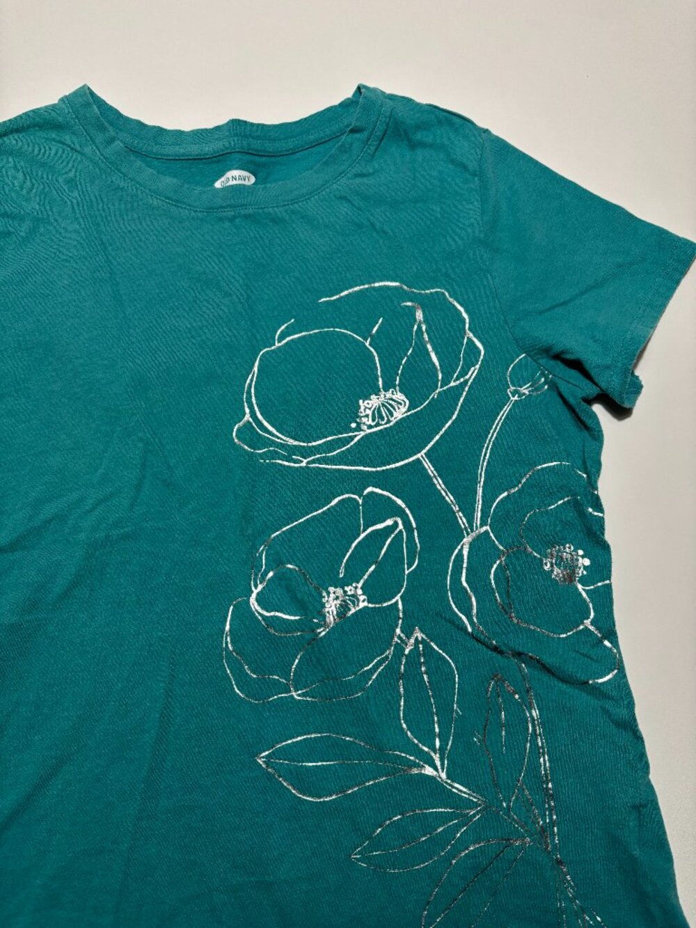 Old Navy Teal & Silver Foil Flower Graphic Cotton Short Sleeve T-Shirt
